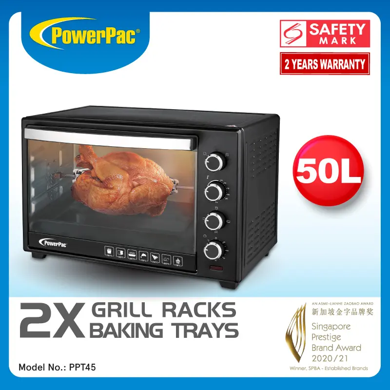 PowerPac Electric Oven 50L with Rotisserie and convection functions , 2 trays and wire mesh (PPT45)