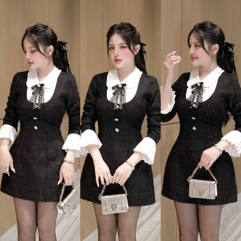  D6  TÁO ĐỎ BIGSIZE 55-90KG  ĐẦM DẠ BIGSIZE ĐẦM CỔ SƠ MI TAY LOA ĐÍNH NƠ CỔ DÁNG NGẮN 