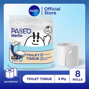 Paseo Hello Bathroom Roll Tissue Emboss / Tisu Toilet Gulung Flushable 3 ply 8 rolls Paseo Hello Bathroom Roll Tissue Emboss / Tisu Toilet Gulung Flushable 3 ply 8 rolls
