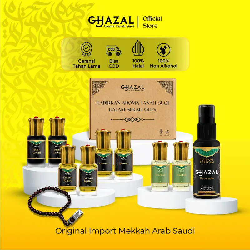 [Beli 1 dapat 10] Paket Parfum Sholat Non Alkohol By Ghazal Parfum (Kasturi Raudhah Hajar Aswad Kiswah) Minyak Wangi Sholat Roll On Tahan Lama Wangi Segar Lembut Untuk sholat dan ibadah wangi tanah suci Bonus Parfum Sajadah 1
