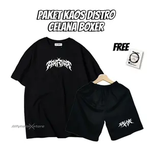 Paket Kaos Distro Hitam Celana Boxer Dewasa Keren Pria ( Free Gelang Tali )