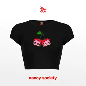Nanacy Society Y2K Crop Top Wanita Baby Tee Couple Cerry T-Shirt Baby Tee Crop Top Wanita Cotton Combed 24s