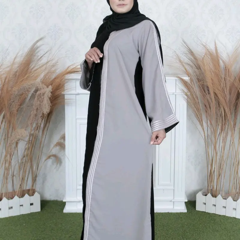 Abaya Outer Farwa gamis jetblack hitam kombinasi abu list putih dan hitam dress cantik Muslim 1