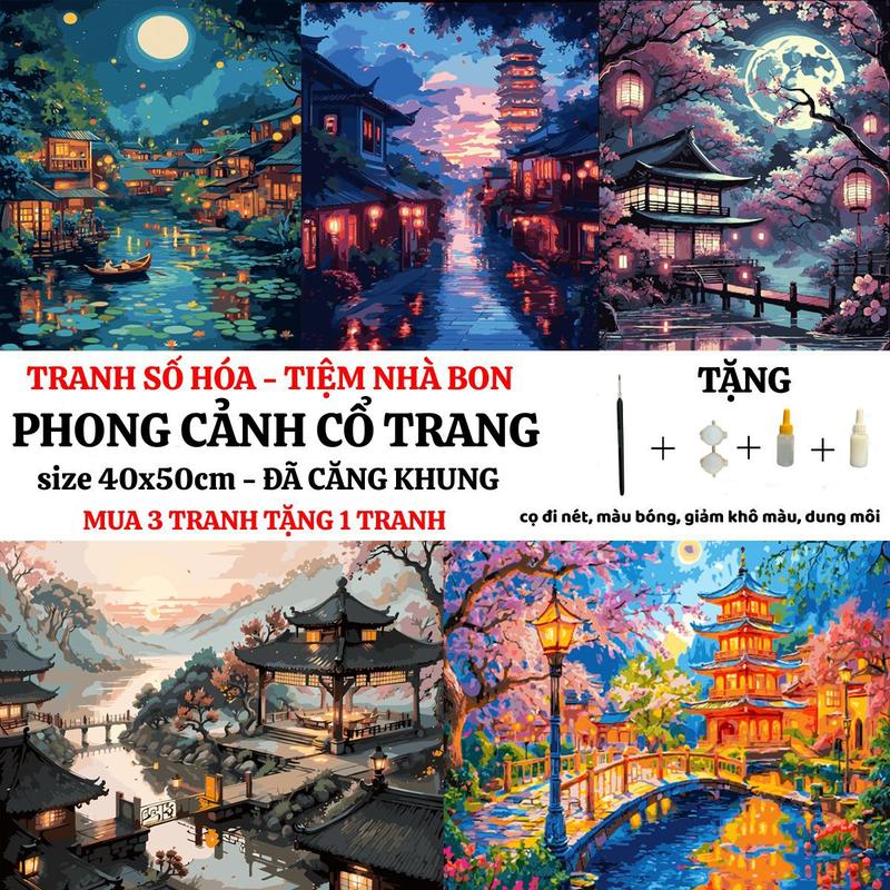 (40X50cm-CÓ BACKBOARD) TỔNG HỢP các mẫu tranh tô màu theo số PHONG CẢNH CỔ TRANG có sẵn khung, cọ vẽ, màu vẽ, tặng màu bóng, giảm khô màu, dung môi pha loãng và cọ chuyên dụng. Mua 3 tranh tặng 1 tranh Diy