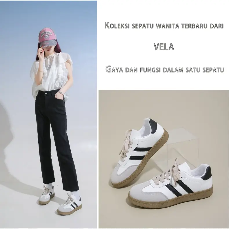 vela Sam-ba Sepatu Sneakers Wanita Sepatu Kerja Wanita Fashion bahan berkualitas tinggi warna hitam Cream-Request penulisan Casual Shoes Kasual Olahraga Cewek 2