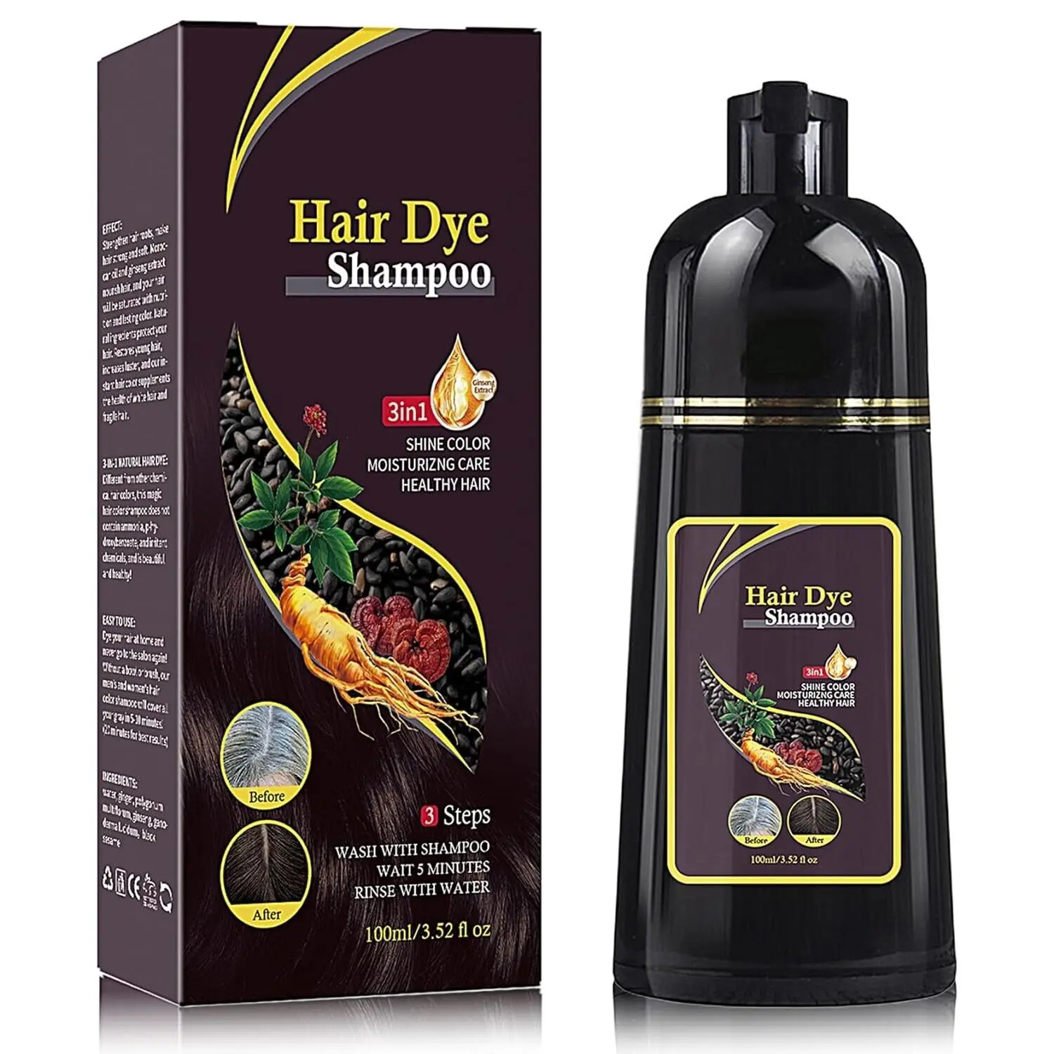 Instant Brown Hair Dye Shampoo for Women & Men,3 in 1 Magic Hair Color Shampoo for Gray Hair Perfect Coverage,Moisturizing Long Lasting Repairing Care Hair Shampoo Colors-100ml (Brown)