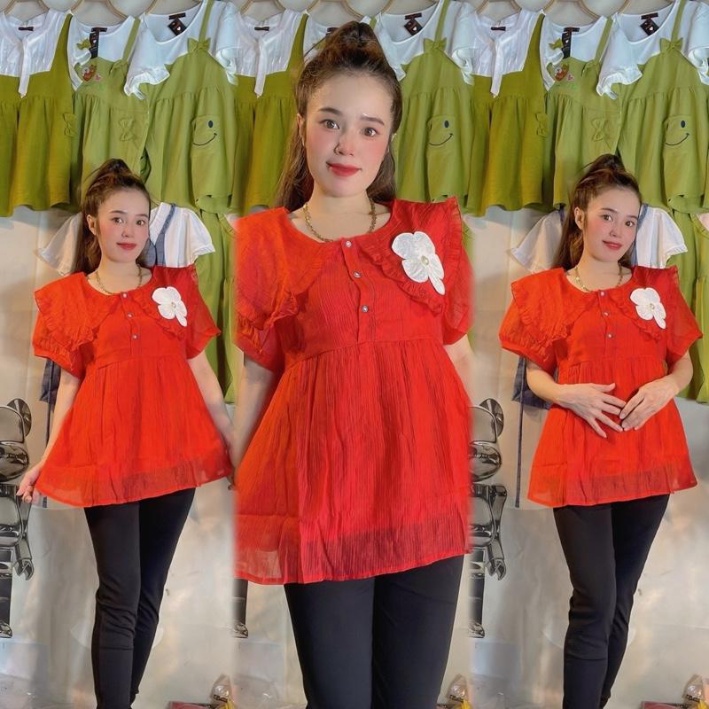  Áo bầu tiểu thư cổ bèo phối hoa dễ thương mềm mại 