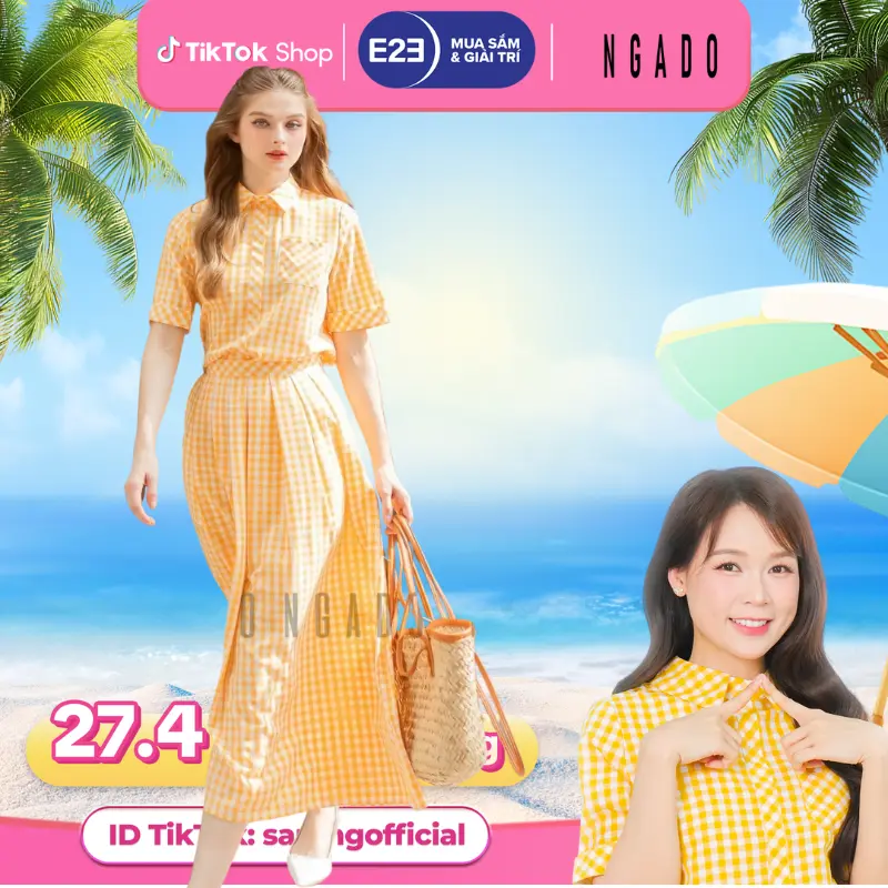 Set Sơ Mi Caro Vàng NGADO Thiết Kế Gồm Áo Và Váy Có Lót Dạng Quần Style Nhẹ Nhàng Nữ Tính