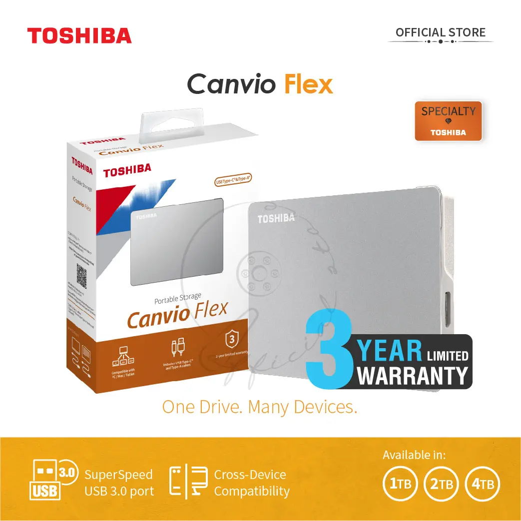Toshiba Canvio® Flex Type C Portable Hard Drive (New Launch - Compatible with iPad/Tablets/MacOS/Windows)
