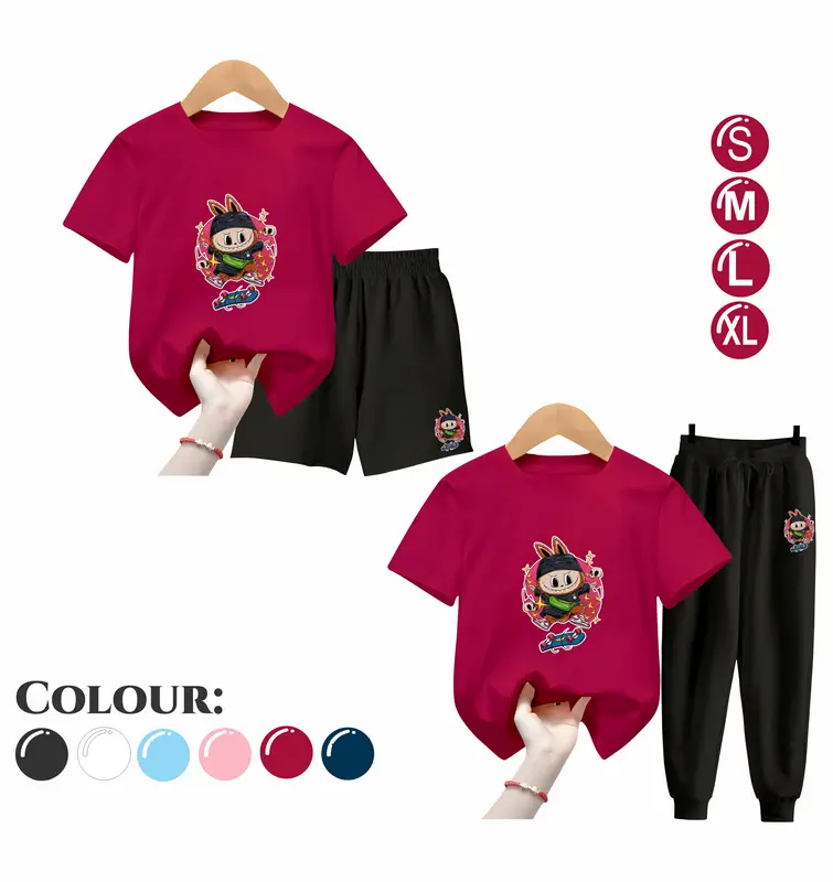 Baju Setelan Anak UNISEX - Pakaian Kaos dan Celana Fashion Anak Laki Laki dan Perempuan Usia 5-15 Tahun - Motif SKATEBOARD LABUBU Maroon 0