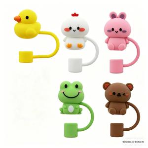 Tapón de silicona para popote, 4/5 piezas con diseño de dibujos animados lindos, tapón reutilizable para vaso tipo tumbler, accesorios para bebida