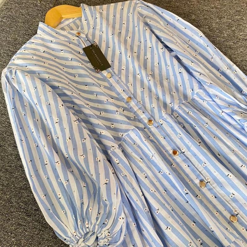 Dress  Silang ZR salur lengan balon Katun 3