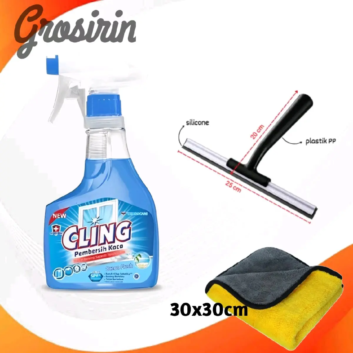paket alat pembersih kaca premium karet silicon wiper tebal cling +wiper+lap mikrofiber