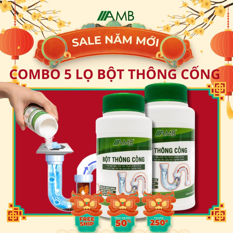 Combo 5 lọ bột thông cống sinh học AMB Viện Hàn lâm khoa học Việt Nam thông tác cống đường ống bồn rửa bát rửa mặt Làm Sạch bộttiêuhuỷ hầmcầu bộttiêuhuỷ hầmcầu Household Cleaners đồ vệ sinh nhà cửa xa bon cau boncau bột thống