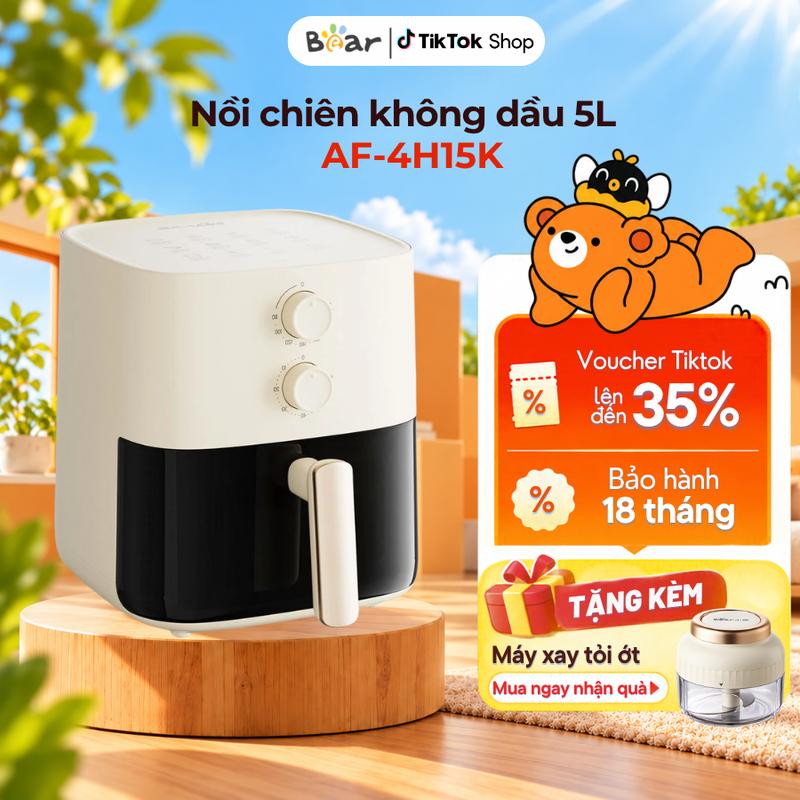 Nồi Chiên Không Dầu Bear AF-4H15K (QZG-J15M1), Dung Tích 5L, Công Suất 1500W, Nút Cơ Xoay Vặn Điều Chỉnh Thời Gian - Nhiệt Độ, Vòng Xoay Nhiệt 4D - Chiên Rán Không Cần Trở Mặt, Bảo Hành 18 Tháng