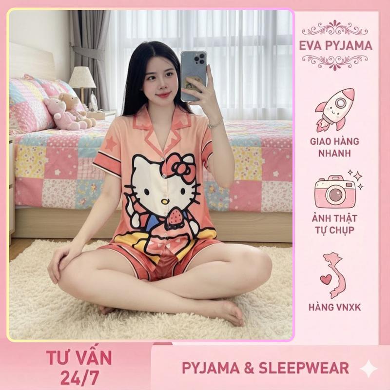 PYJAMA Bộ Đồ Ngủ Nữ Lụa Cát Kitty Hồng Cute Tay Cộc Quần Cộc Mặc Nhà Mát Mịn Full Size