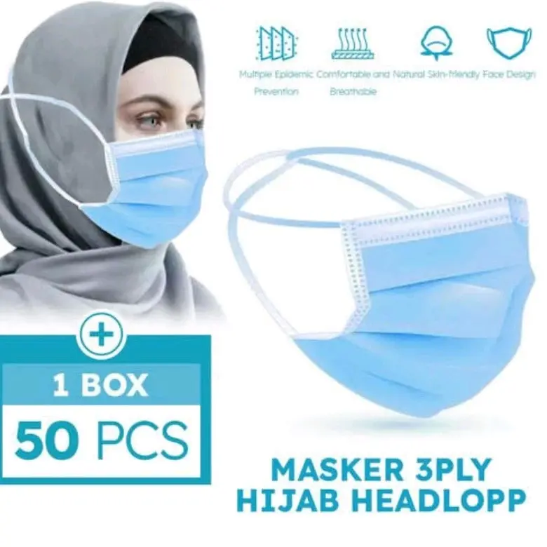 Masker Headloop Hijab 3PIy Face Mask anti Debu Virus isi 50 Pcs/Box FACEMASK Murah Biru Dewasa