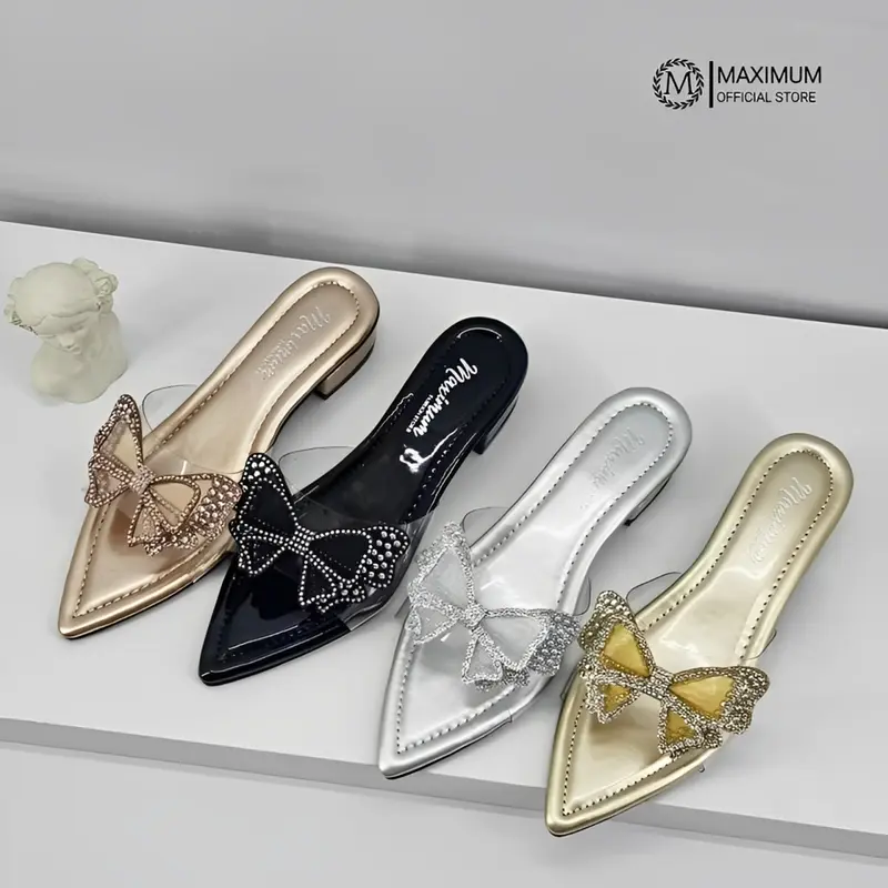 Maximum - Sandria Sandal Flat Hak 3cm Wanita Ujung Lancip Sandal Premium heels runcing Hitam Karet Pesta Shoes 1