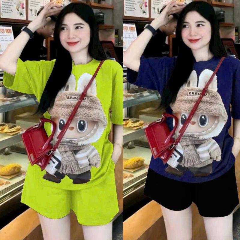 Bộ quần áo nữ chất cotton su mặc nhà mùa hè set bộ đùi áo phông quần ngắn in labubu