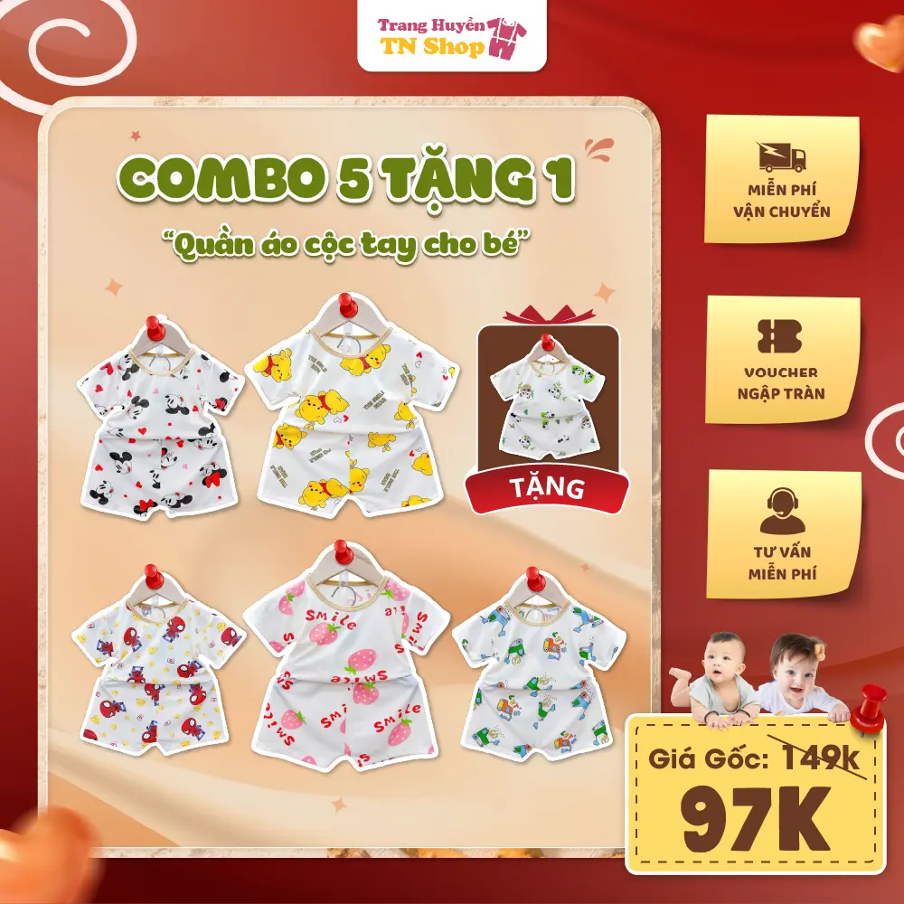 Combo 5 Bộ (Tặng 1 Bộ) Quần Áo Cộc Tay Chất Tăm Cộc Tay Cho Bé Trai Bé Gái Từ 5Kg - 16Kg