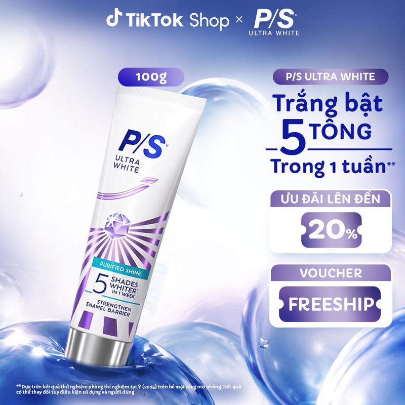 [MỚI] Kem Đánh Răng P/S Ultra White Trắng Bật 5 Tông trong 1 tuần 100g - Với bộ Đôi công nghệ độc quyền Blue HAP & Microwhitening C [v]