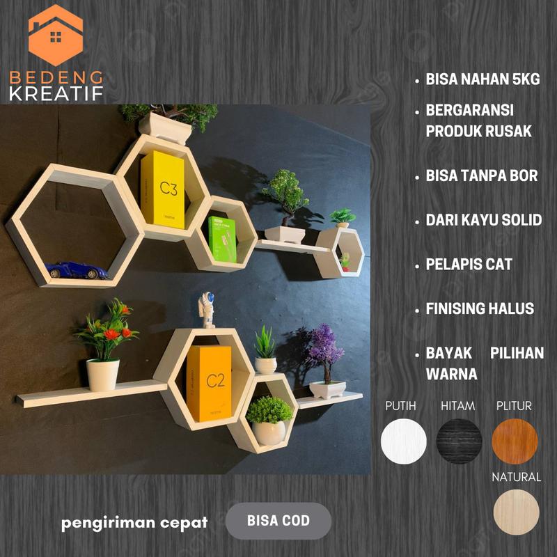 RAK HEXAGONAL MINIMALIS HIASAN DINDING SATU SET Ambalan Kayu - Shop ...