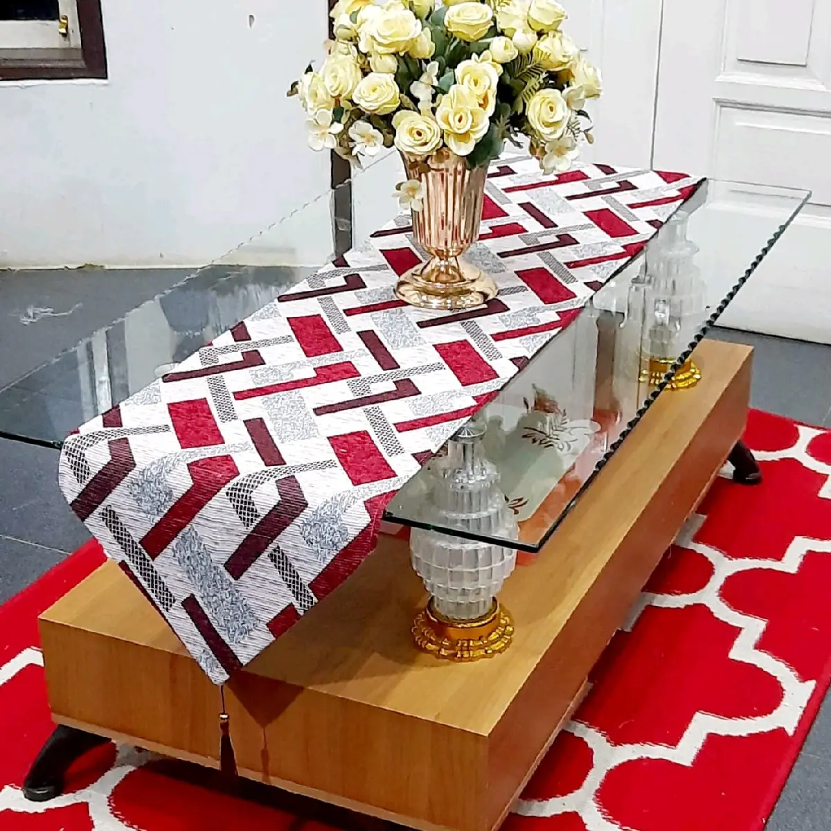 Taplak Meja Ruang Tamu Aestetic Panjang 150 cm & Runner Motif Geometris Modern Elegan Harga Murmer Dekorasi Ruang Tamu Lebar 33 cm Desain Indah dan Menarik