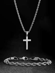 Conjunto de Joyería para Hombre de Estilo Sencillo con Colgante de Cruz de Acero Inoxidable y Pulsera de Cadena, Set de Joyería de Moda para Fiesta, Decoración Diaria, Joyería Combinable y Exquisita para Regalo de Cumpleaños