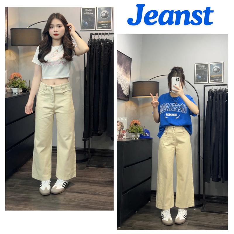 Jeanst QUẦN NẤM-PREMIUM Quần jean nữ ống suông rộng gấp line 4cm ngắn 88-90cm dành cho nấm lùn màu kem vải mềm không co giãn
