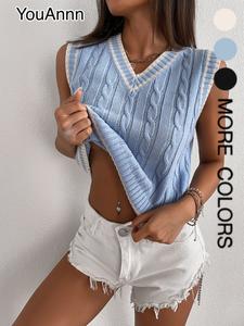 Chaleco de punto holgado con bloques de color estilo académico, top sin mangas con cuello en V de diseño único, camisa de punto elegante y versátil para mujer