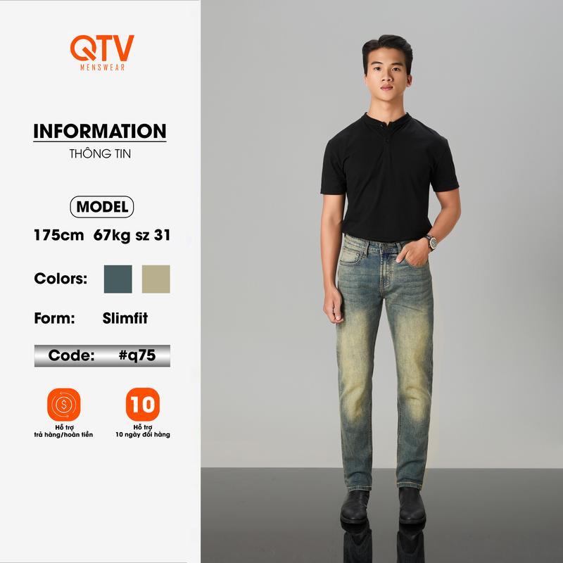 QTV2 Quần jean nam co giãn form slim fit màu xanh phủ dơ đậm bụi bặm thời trang_Q75 Pants Menswear Có Túi Cotton Denim