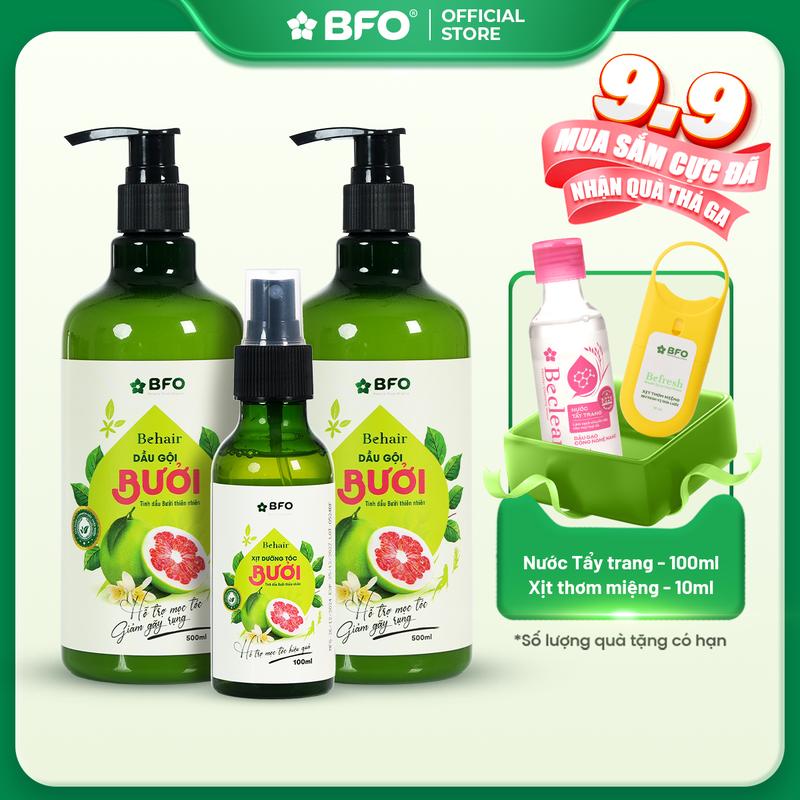 [MUA 1 COMBO TẶNG 2 QUÀ] Dầu Gội - Kem Xả - Xịt Dưỡng Tóc BFO Behair 500ml Tinh Dầu Bưởi Và Thảo Mộc Giúp Giảm Gãy Rụng Dưỡng Tóc Kích Mọc Tóc Chắc Khỏe Suôn Mượt Nữ Women
