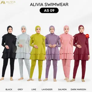 ALIVIA SWIMWEAR AS09 Baju Renang Muslimah Dewasa Wanita Remaja livina (nylon mix spandex) 60% Nylon 40% Spandek Elastis Ringan Cepat Kering Setelan Hijab Baju Celana Ruffle Zipper Tali Serut