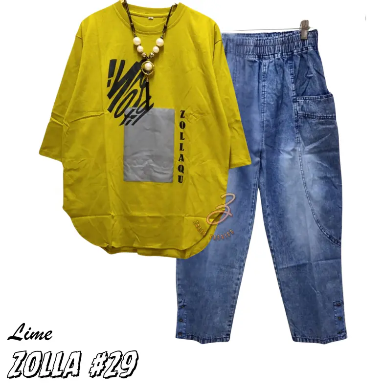 Zolla #29 Setelan wanita ukuran Jumbo Kaos Combed 24s Sablon plastisol Celana Jeans Wash HQ Bisa COD 1