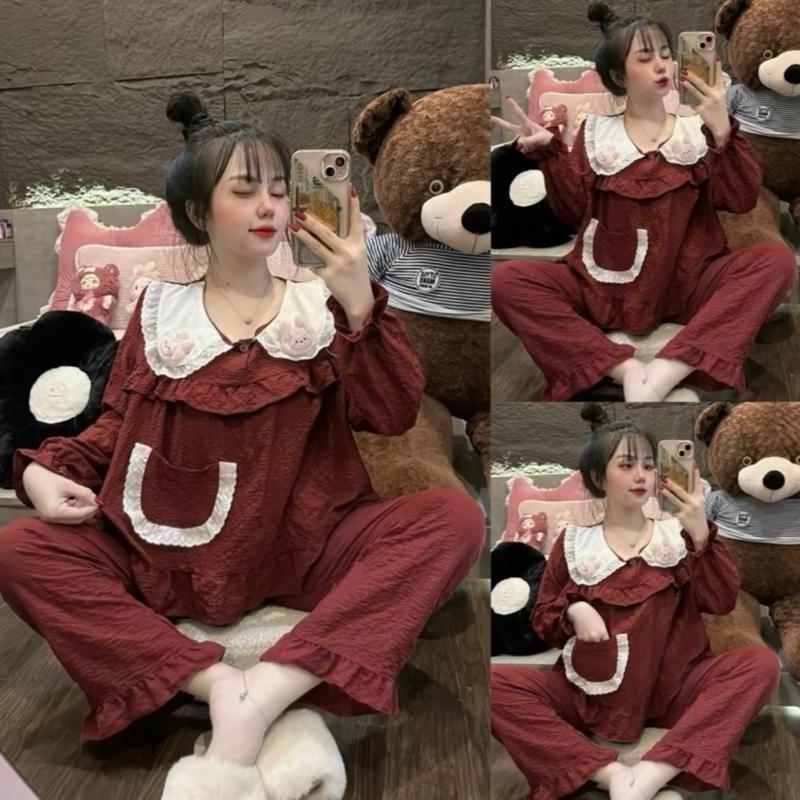 ( Kèm 2 thỏ) set đũi mát tiểu thư áo dài quần dài , cổ ren ,( 38-58kg)