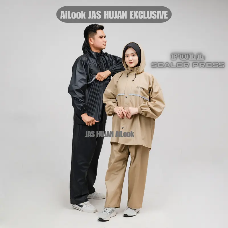 AILOOK Jas Hujan Raincoat Full Seal Press Anti Rembes Setelan Pria Wanita Bahan PVC Karet Tebal Kuat Elastis Biru Cream Hijau Merah 0