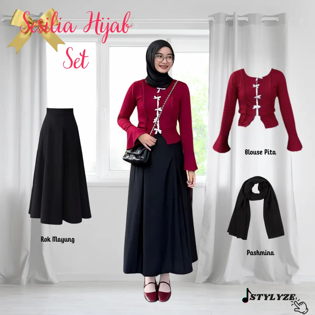 Sesilia One Set 3in1 Ala Korea (Blouse Pita+Pashmina+Rok Mayung) Setelan Selebgram Style SZ55
