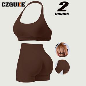 CZGUKE Conjunto de Mujer Bralette Sin Costuras Tipo Tank y Shorts de Yoga Cuello Halter Efecto Push-Up Secado Rápido para Yoga y Correr