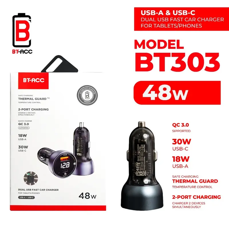 BT-ACC ADP Kepala Charger Mobil 48W Dual USB (USB-A dan USB-C) Fast Charging - BT303
