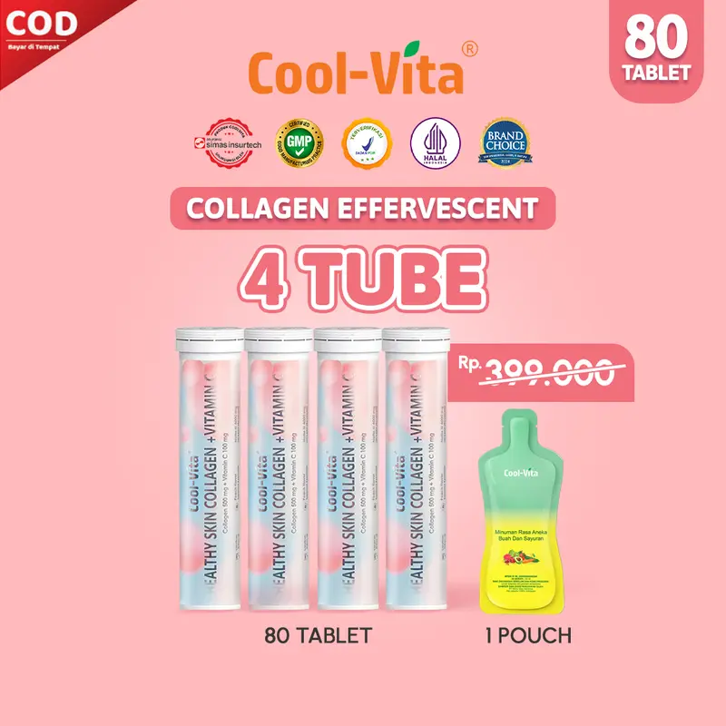 [IDS] Coolvita 4 Tube Collagen Effervescent (Total 80 Tablet) + 1 Pouch Fiber RTD - Minuman Larut Rasa Peach | Mengandung 500mg Fish Collagen dan 100mg Vit C per Tube | Membantu Menjaga Kesehatan Kulit 0
