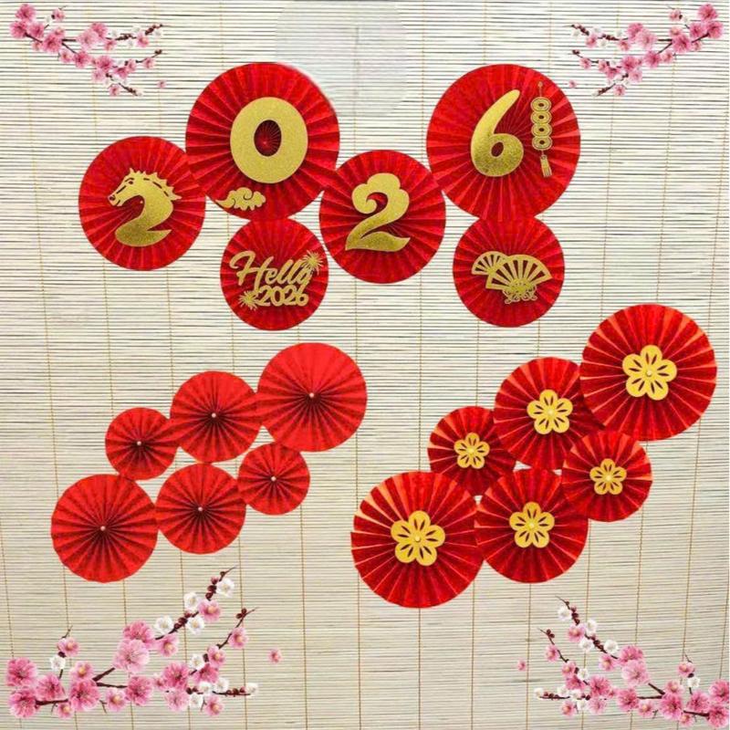  Set 6 Quạt Giấy Đỏ tròn trang trí Tết sẵn keo - Quạt Giấy Xếp Đỏ decor nhà cửa 