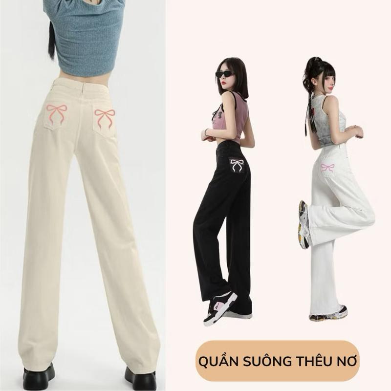 Quần Kaki trắng trơn thêu nơ ống rộng dáng suông Nữ Women Ong Pants