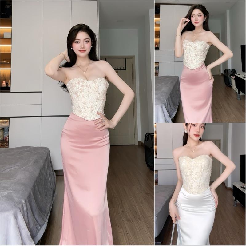  A121A Set Áo Corset Phối Chân Váy Lụa Đuôi Cá Màu Kem Hồng Xanh  có gọng thật khóa kéo hông  Dây Rút Sau Lưng Tôn Eo Chất Lượng Cao 