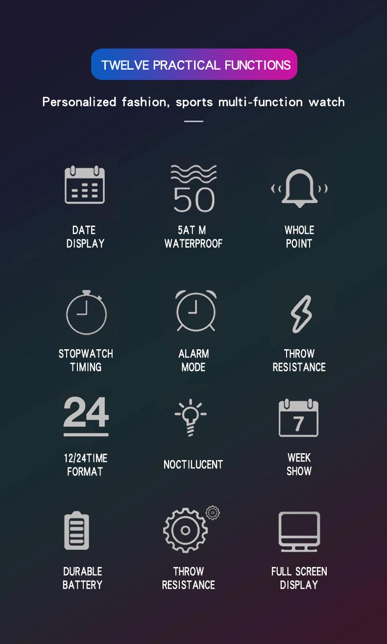 Product Introduction of Fashion electronic watch 3c digital display waterproof luminous accurate timing watch 38