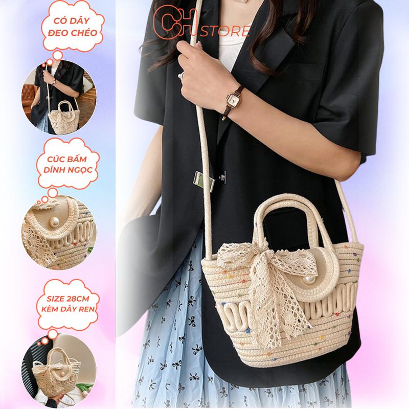 Túi xách nữ đeo chéo có nắp hoạ tiết buộc nơ dễ thương chất vải sợi đan