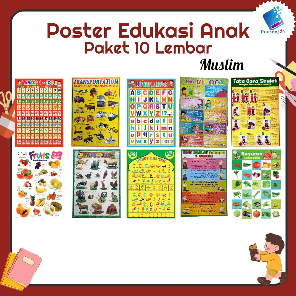 Paket 10 Poster Edukasi Anak Lengkap Belajar Gambar Dinding Estetik angka 1-100, Buah fruits 3 bhs, transportasi, hewan jinak, huruf lepas, huruf hijaiyah, mari berdoa, niat sholat, tata cara sholat, Sayuran