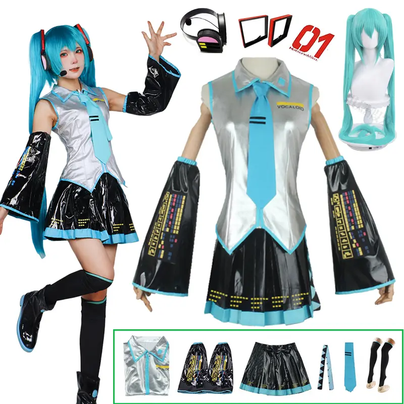 Anime Miku Cosplay Costume Wig Headwear Full Set Props Miku Cosplay Accessories Halloween Party Outfit for Women Girls