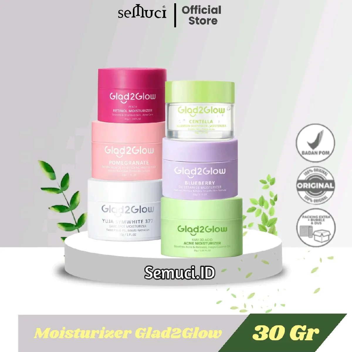 Moisturizer Glad2Glow 30Gr |Centella | Pomegranate | Yuja | Blueberry | Retinol | Kiwi Ceramide Mencerahkan Wajah Hitam Niacinamide