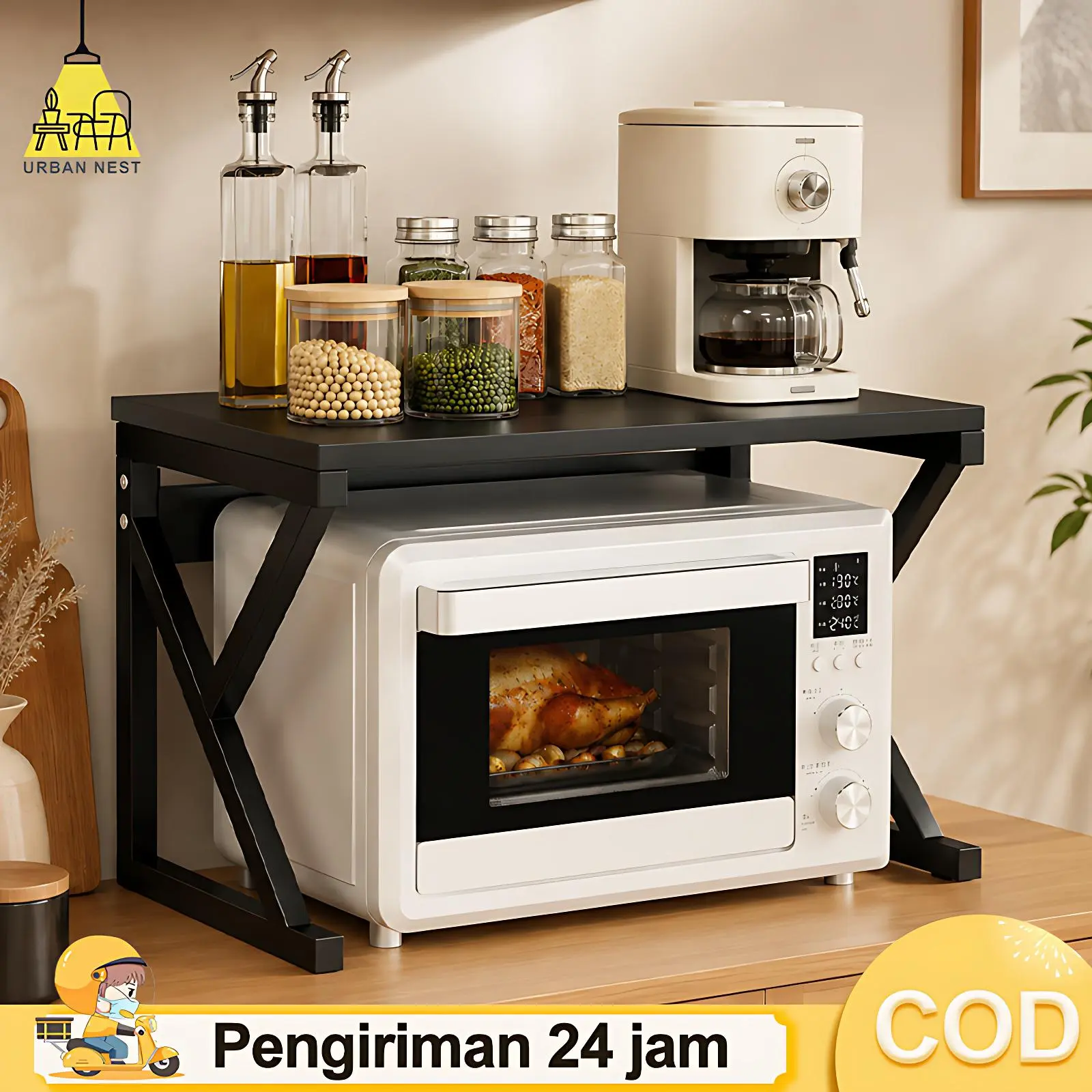 Rak Dapur Minimalis 2 Tingkat Rak Serbaguna Baja Karbon untuk Microwave Oven Rice Cooker