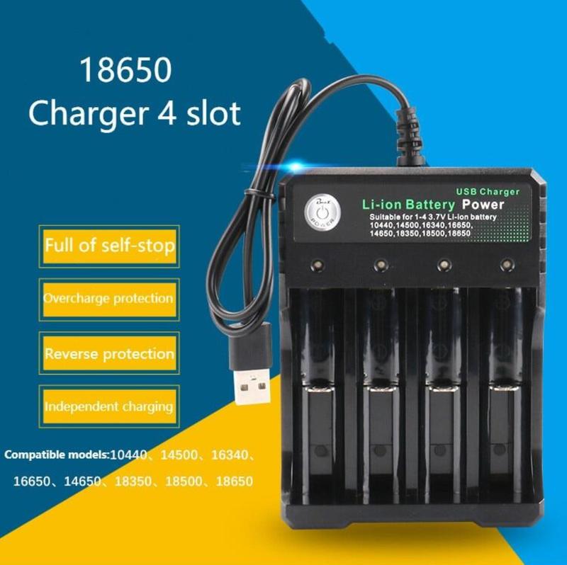 Bộ sạc pin thông minh bốn khe cắm, khi pin được sạc đầy, bộ sạc pin thông minh sẽ tự động dừng lại và đèn báo sẽ sáng lên. 4 khe cắm pin AA 18650 chất lượng cao
